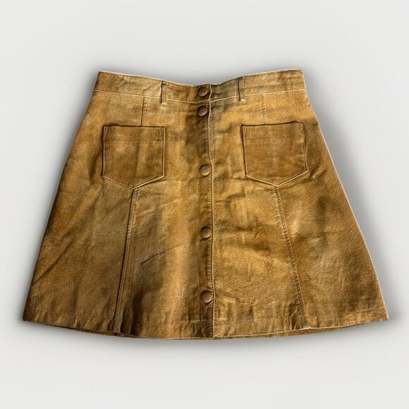 Monki Tan Suede Leather A-Line Mini Skirt Women’s Size 36 (US 4) Front Snap - Picture 1 of 9